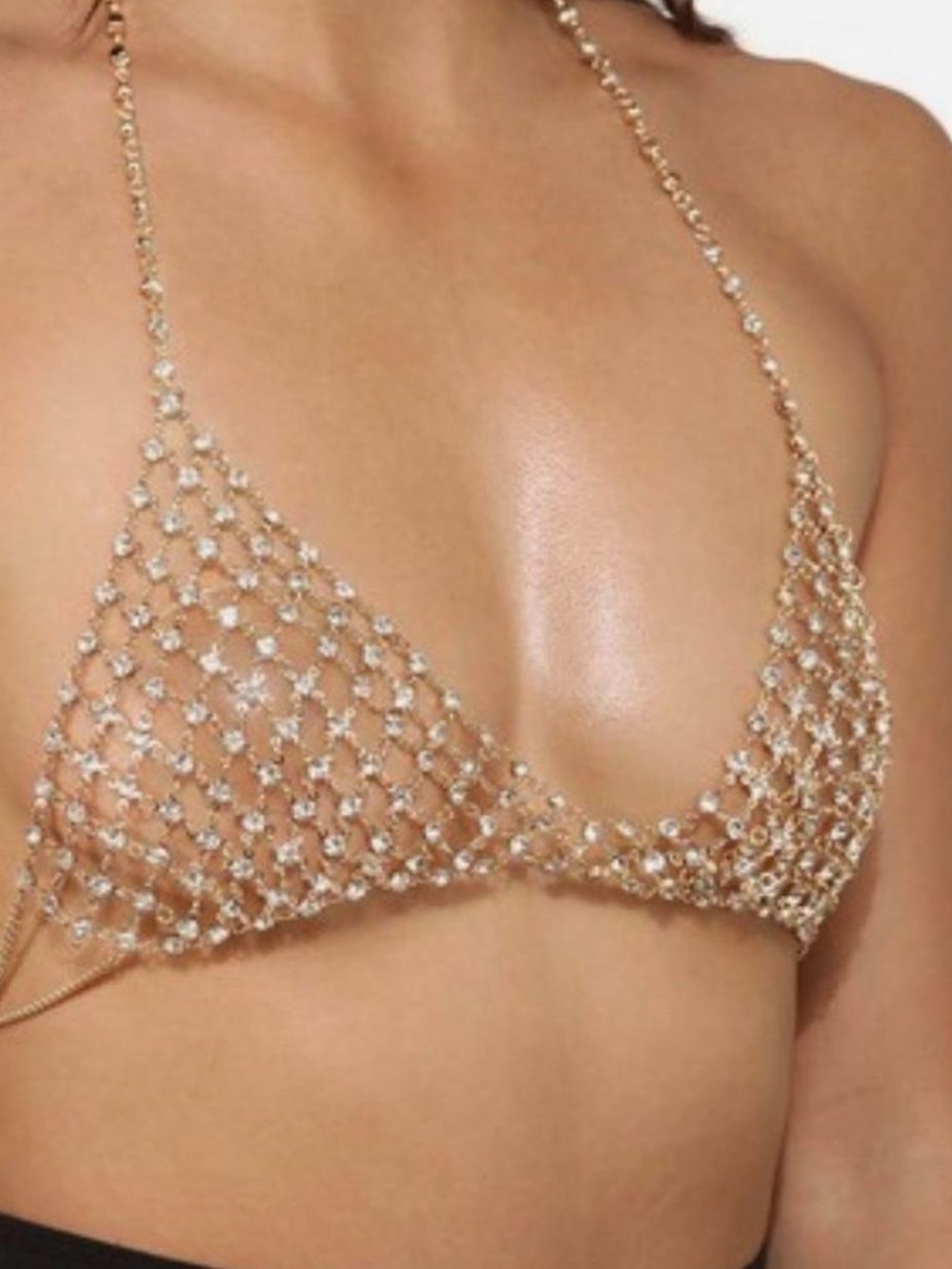 Gold Rhinestone Crystal Net Chain Bra Bralette Top Harness Festival Glam NWT